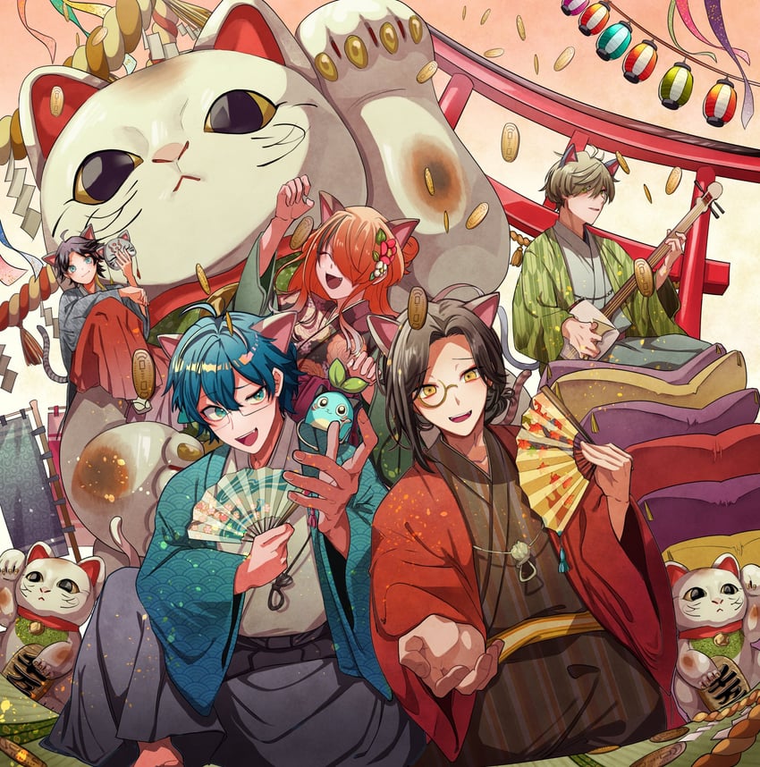 lain paterson, saegusa akina, leos vincent, mameneko, oliver evans, and 1 more (nijisanji) drawn by yamagishi-sota