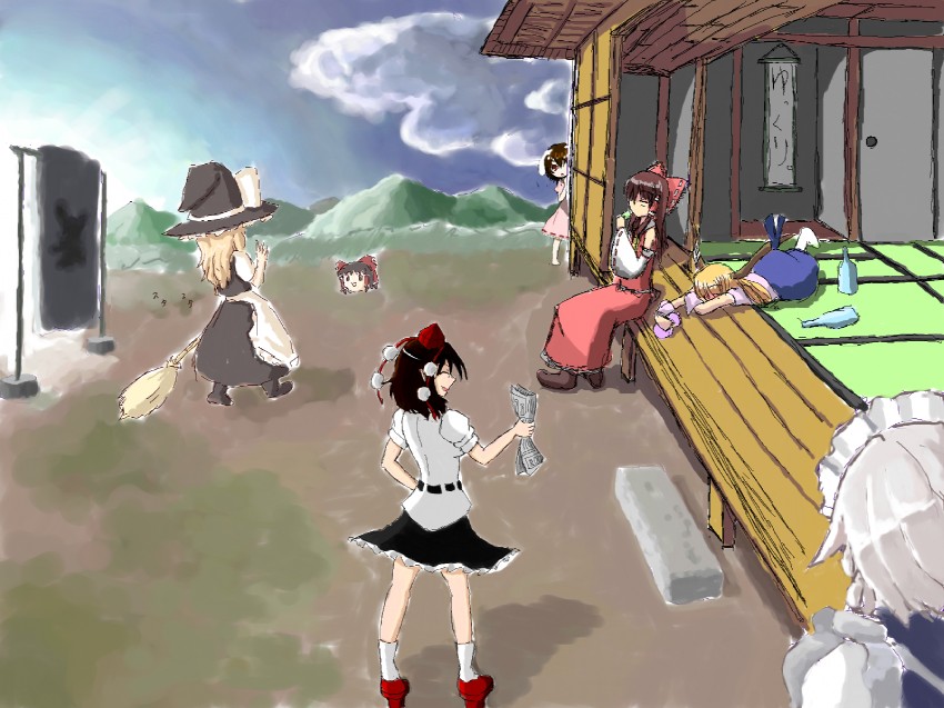 hakurei reimu, kirisame marisa, izayoi sakuya, shameimaru aya, ibuki suika, and 1 more (touhou) drawn by nejiko_azuma, sekitaku, and yo!_(amaysenso)