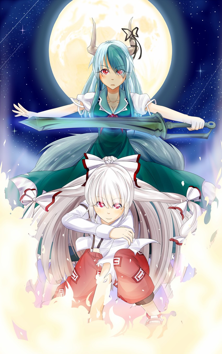 fujiwara no mokou, kamishirasawa keine, and ex-keine (touhou) drawn by matsura_(nagatosan)