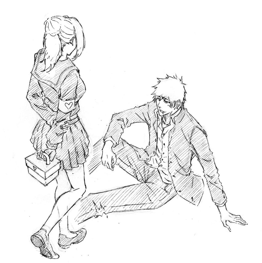 inoue orihime and kurosaki ichigo (bleach) drawn by rakusakugk