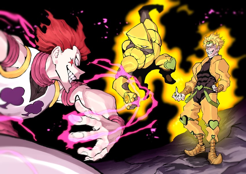 dio brando, hisoka morow, and the world (jojo no kimyou na bouken and 2 more) drawn by dingotoad