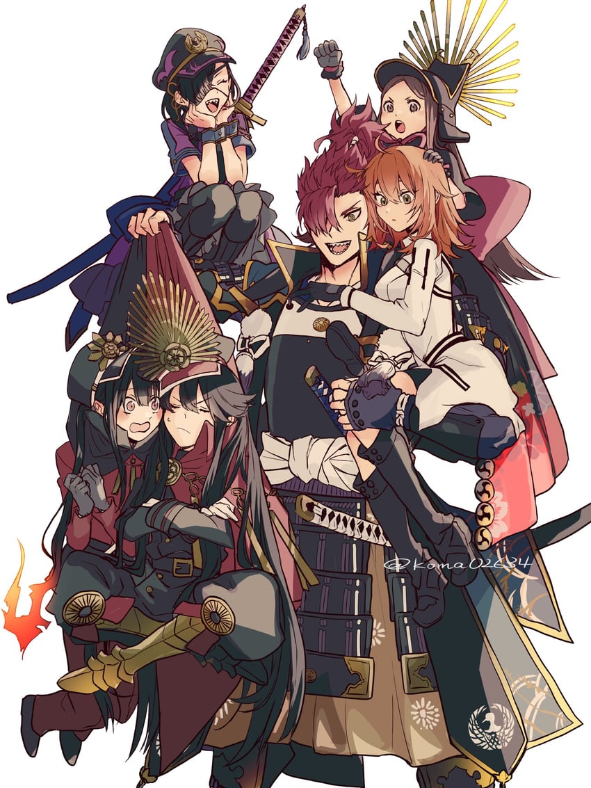 fujimaru ritsuka, oda nobunaga, oda nobukatsu, chacha, mori nagayoshi, and 1 more (fate and 1 more) drawn by koma02634