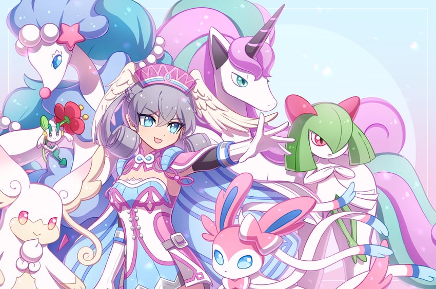 sylveon, kirlia, melia antiqua, primarina, audino, and 3 more (pokemon and 2 more) drawn by enni