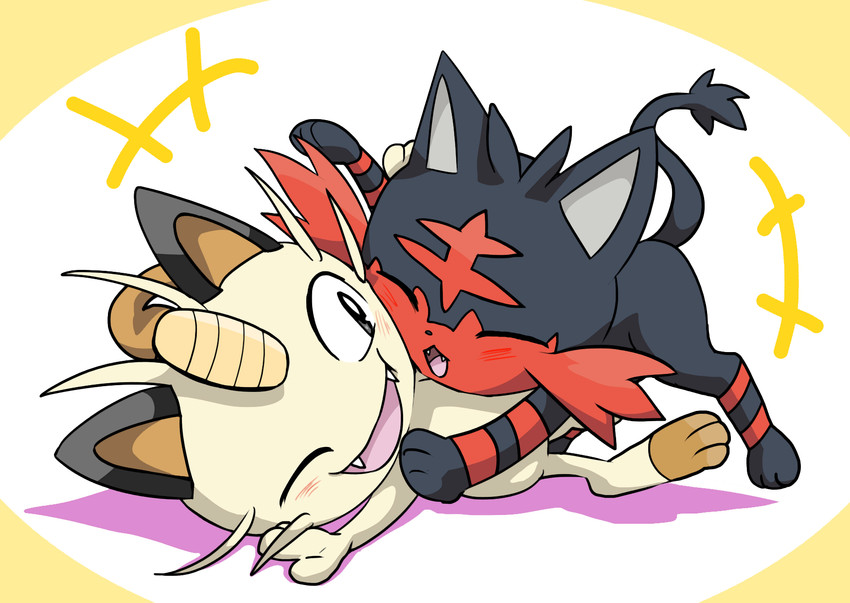 meowth and litten (pokemon) drawn by runachikku