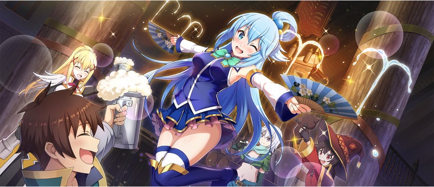 megumin, aqua, darkness, satou kazuma, chomusuke, and 1 more (kono subarashii sekai ni shukufuku wo! and 1 more)