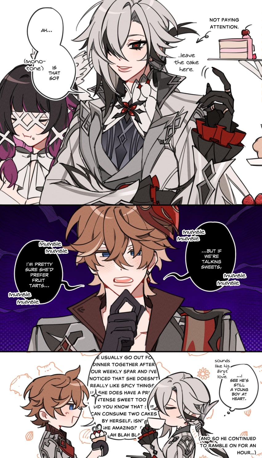 tartaglia, arlecchino, and columbina (genshin impact) drawn by majunjuu