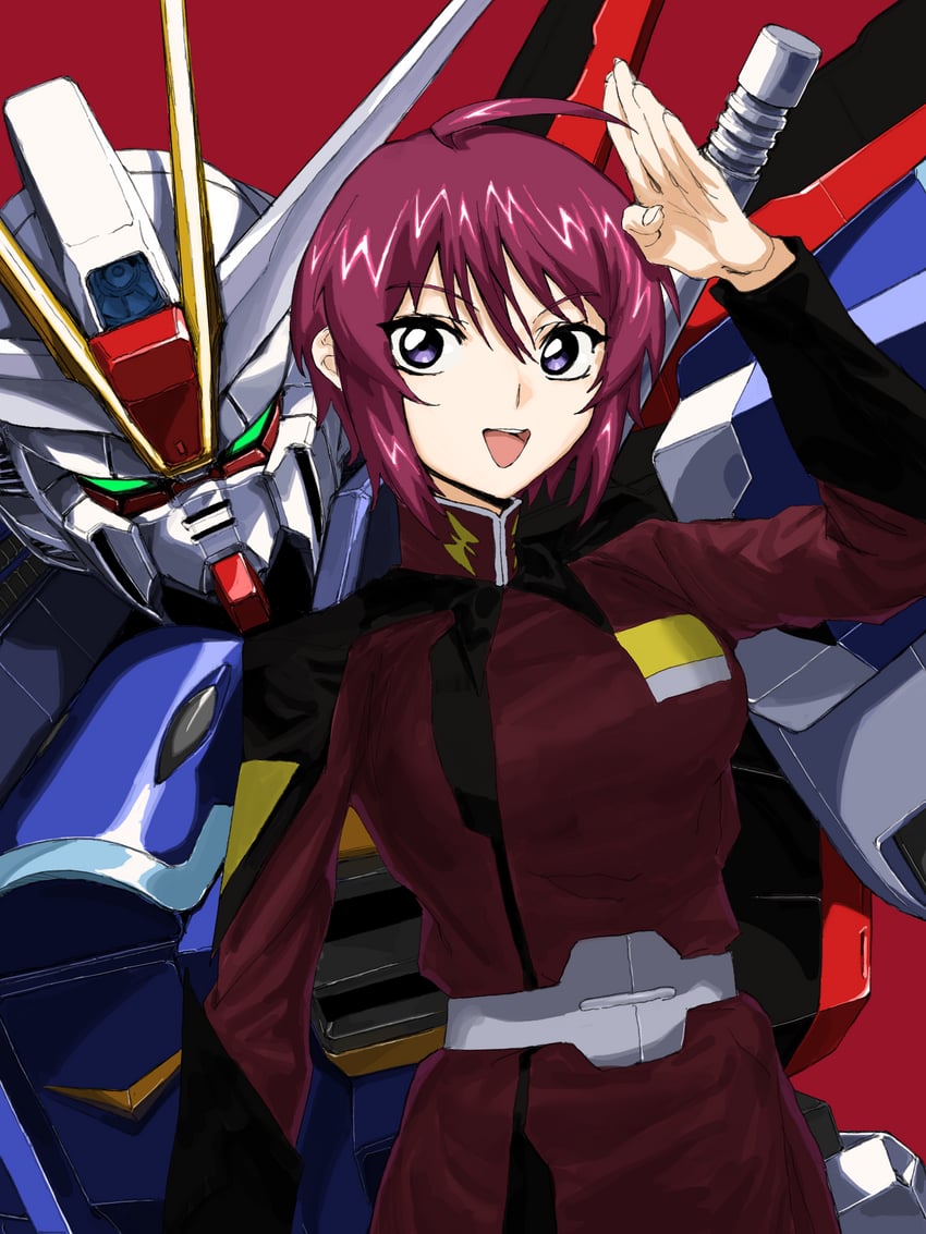 lunamaria hawke, impulse gundam, and force impulse gundam (gundam and 2 more) drawn by orrdriver