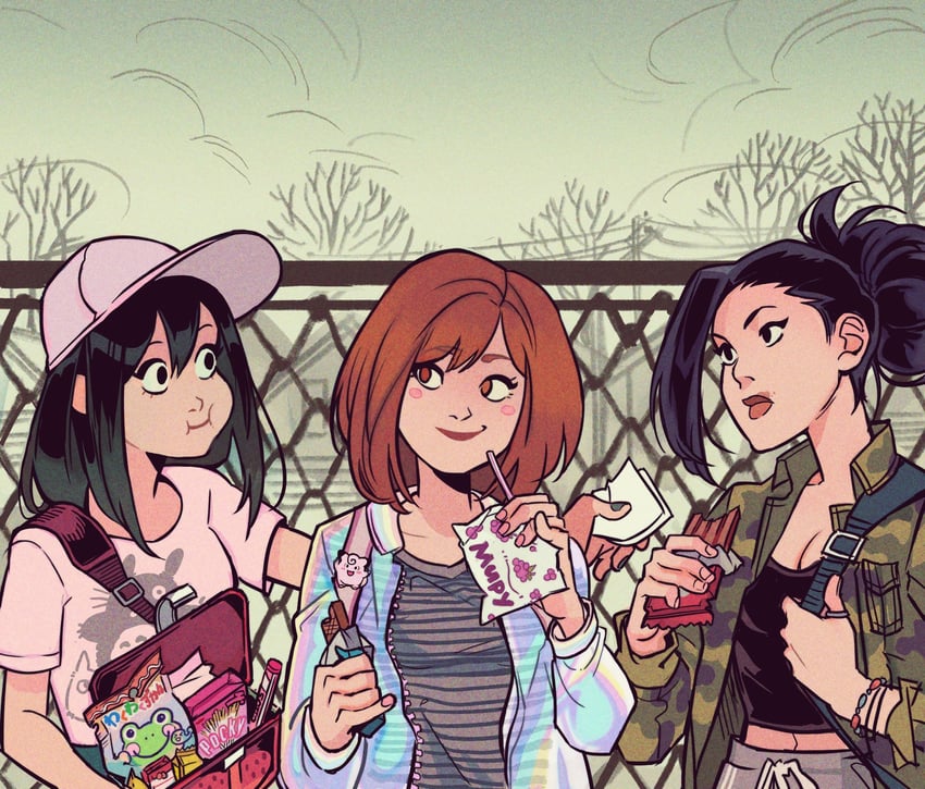 uraraka ochaco, asui tsuyu, yaoyorozu momo, totoro, and chibi totoro (boku no hero academia and 1 more) drawn by gabriel_picolo