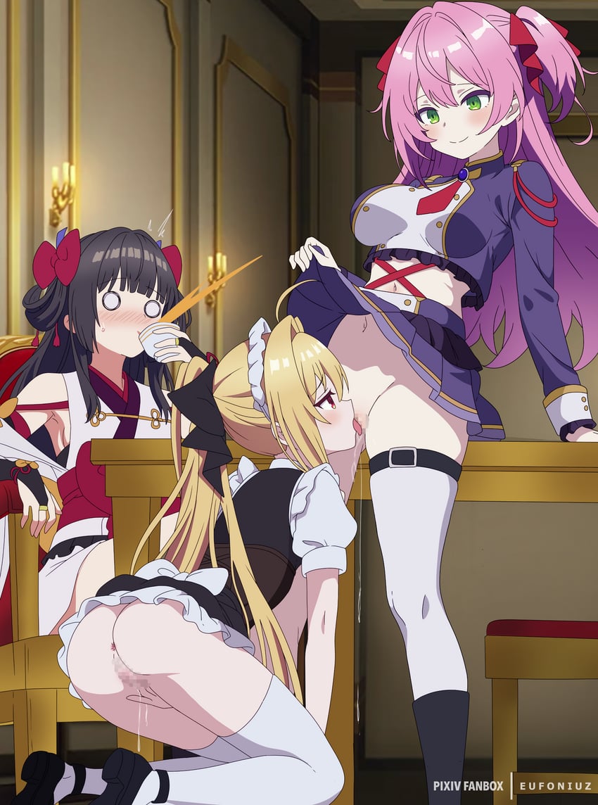 terakomari gandezblood, nelia cunningham, and amatsu karla (hikikomari kyuuketsuki no monmon) drawn by eufoniuz