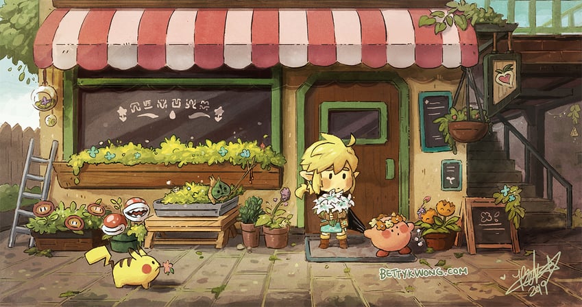 link, pikachu, kirby, piranha plant, and korok (pokemon and 6 more) drawn by bettykwong