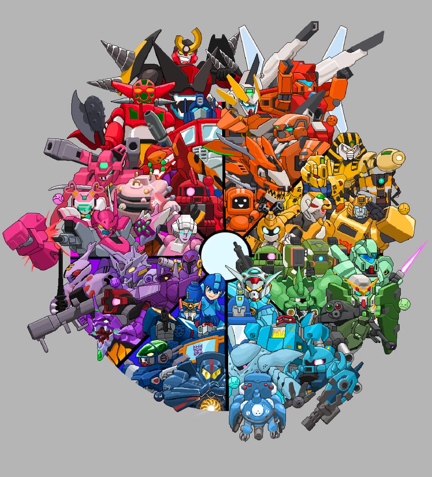 haro, mega man, optimus prime, eva 02, zaku ii, and 38 more (gundam and 34 more) drawn by doodlebird14