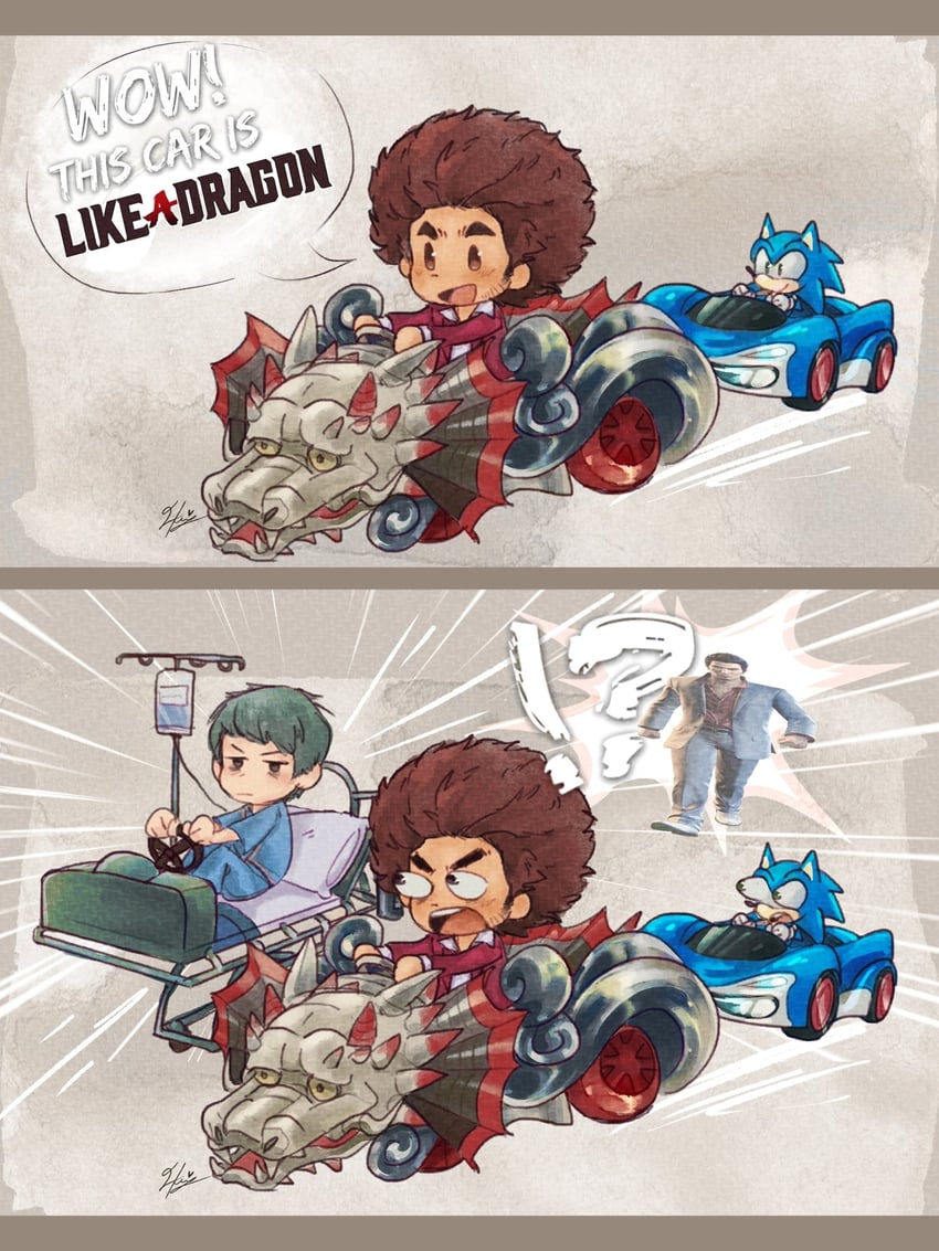 sonic the hedgehog, kiryu kazuma, and kasuga ichiban (sonic and 2 more) drawn by hera_souflee