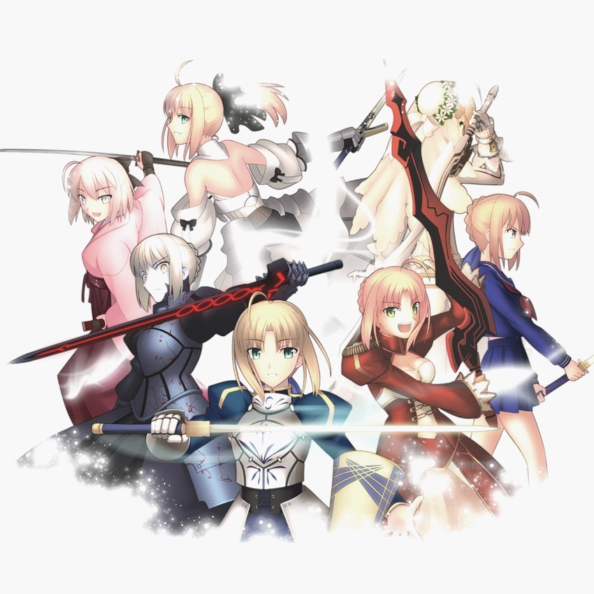 artoria pendragon, saber, okita souji, saber alter, nero claudius, and 2 more (fate and 7 more) drawn by shoori_(migiha)