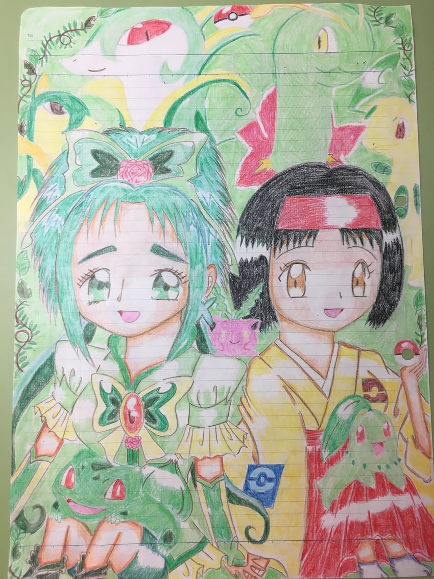 chikorita, erika, serperior, meganium, cure mint, and 1 more (pokemon and 3 more) drawn by natsukurari