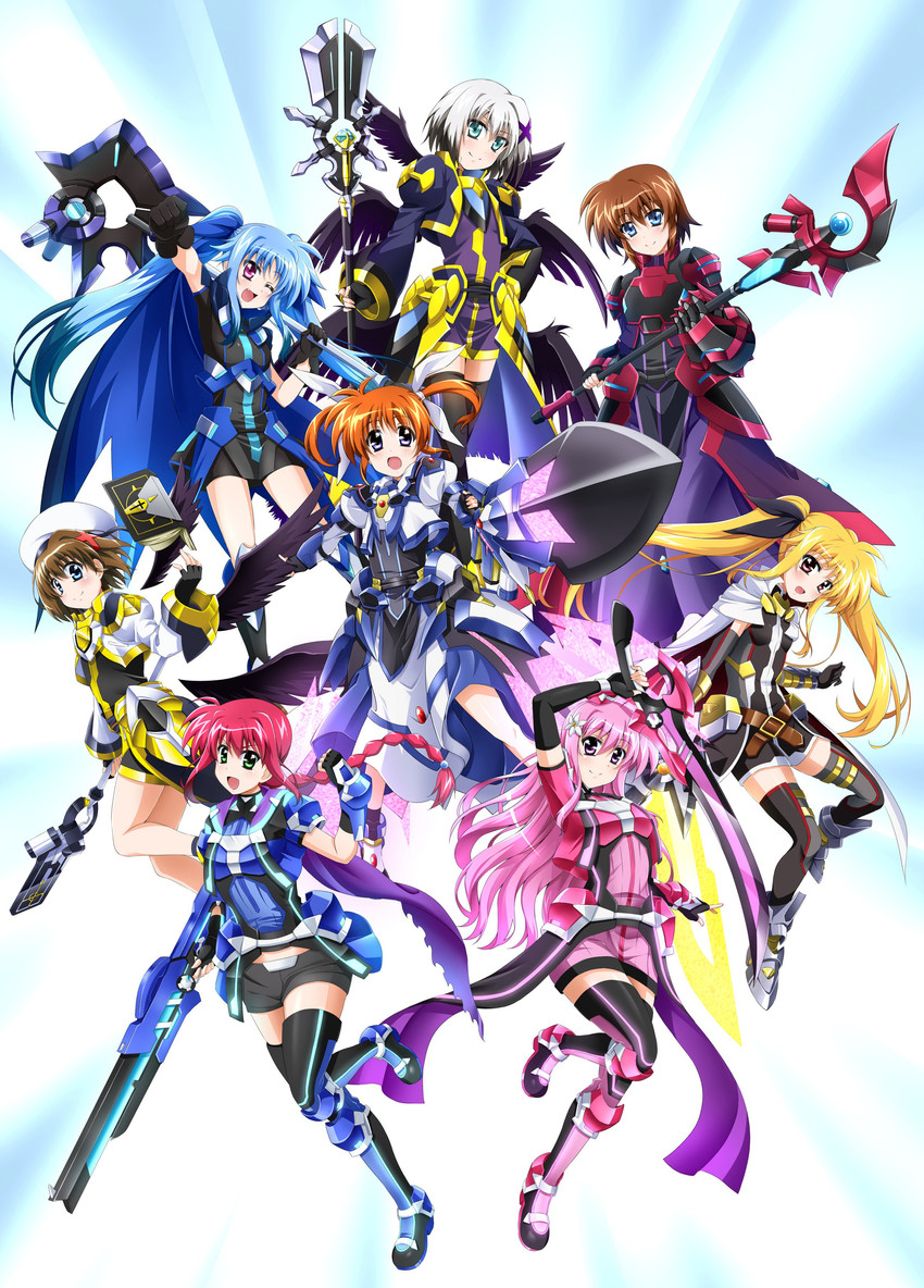fate testarossa, takamachi nanoha, yagami hayate, raising heart, stern the destructor, and 13 more (lyrical nanoha and 1 more) drawn by yorousa_(yoroiusagi)