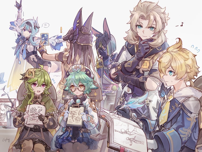 eula, tighnari, albedo, cyno, collei, and 2 more (genshin impact) drawn by csyday