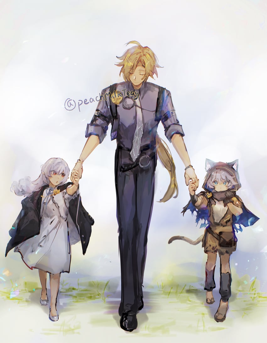 vivian banshee, cipher, and hugo vlad (honkai and 3 more) drawn by peachmilkteay