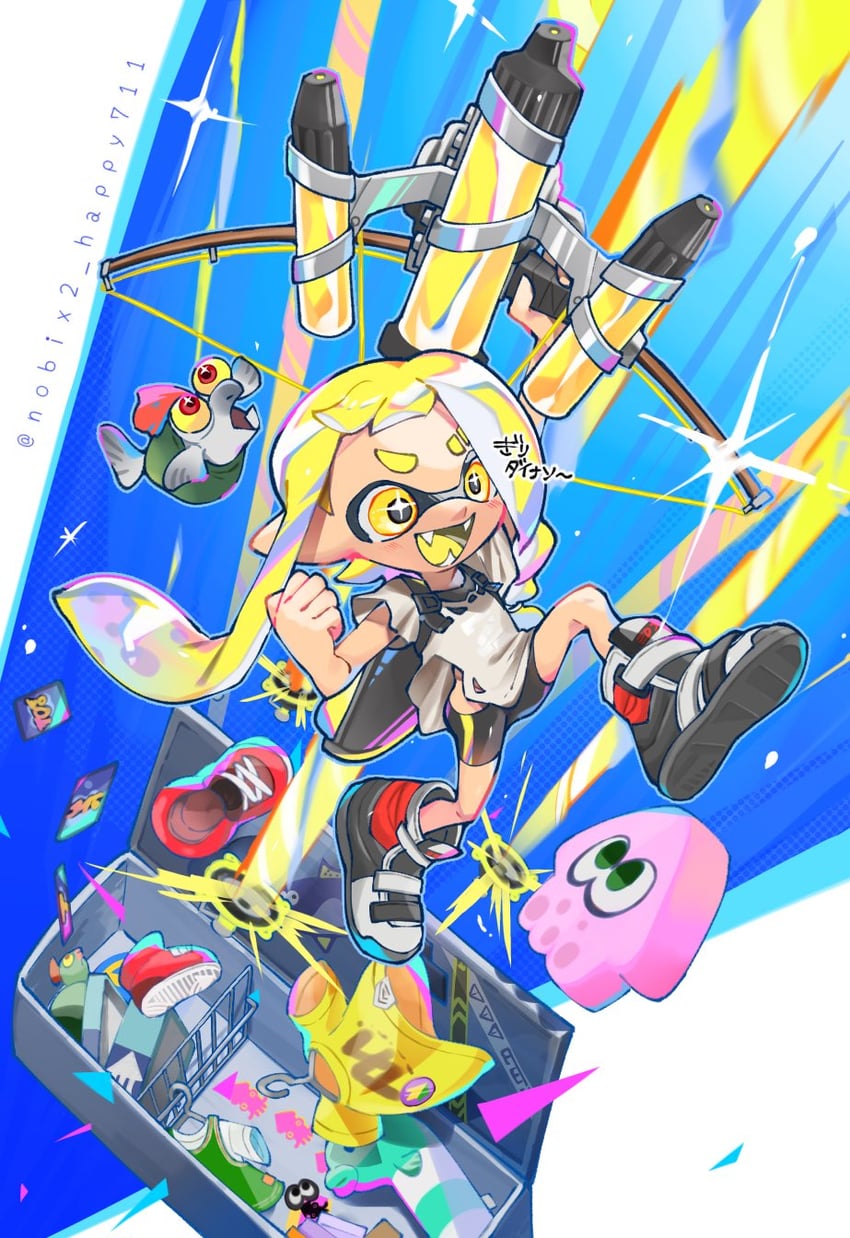 inkling player character, inkling girl, and smallfry (splatoon and 1 more) drawn by nobix2_happy711