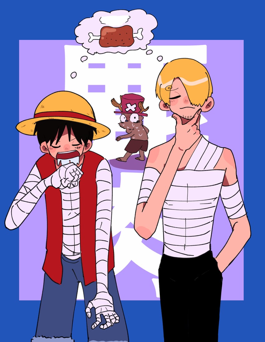 monkey d. luffy, sanji, and tony tony chopper (one piece) drawn by onohi