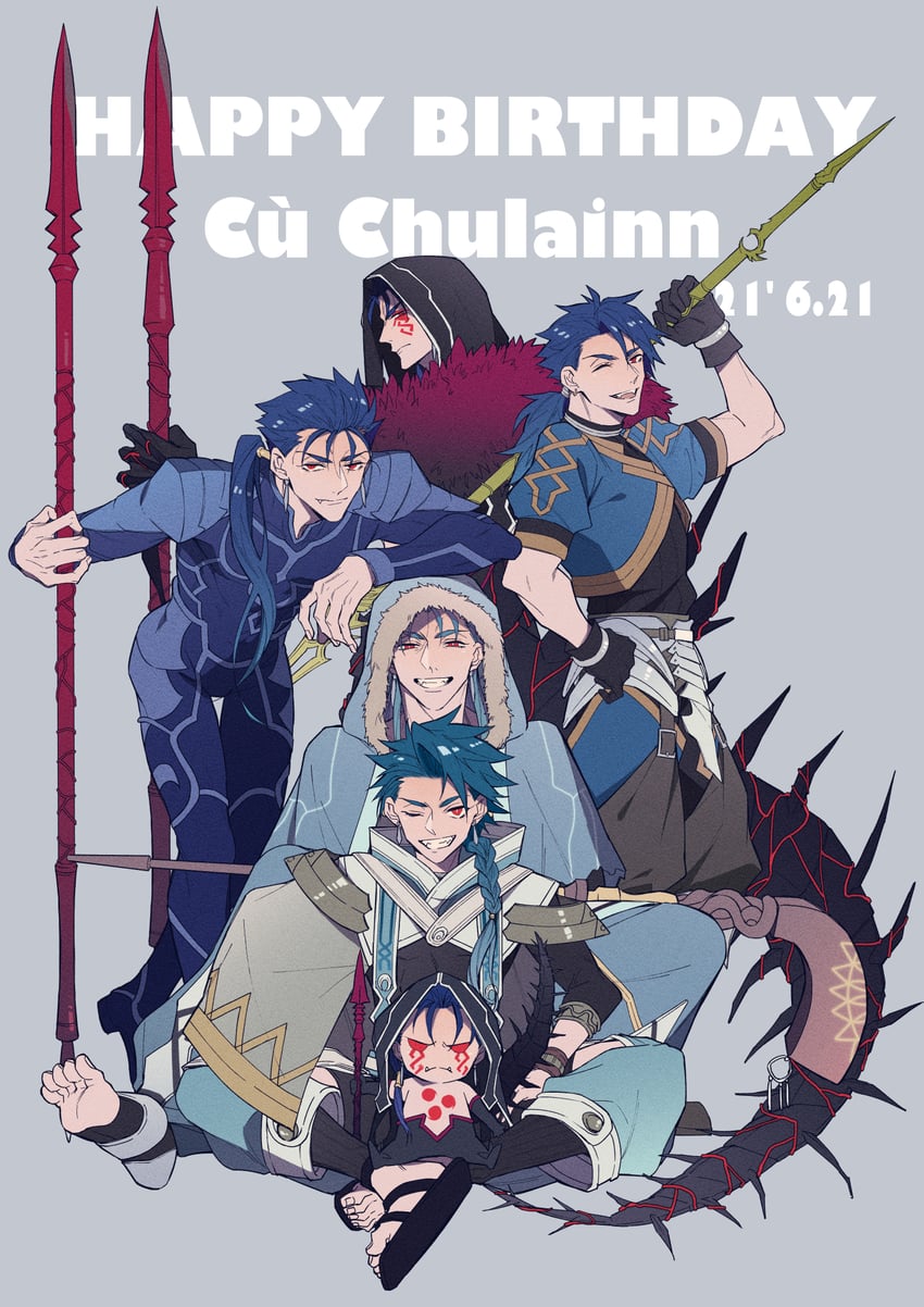 cu chulainn alter, cu chulainn, setanta, and mini cu-chan (fate and 3 more) drawn by makina_(nikki_m7_)