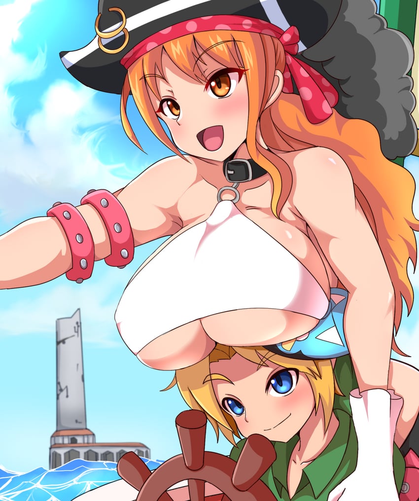 link, nami, and young link (one piece and 2 more) drawn by honotomo7