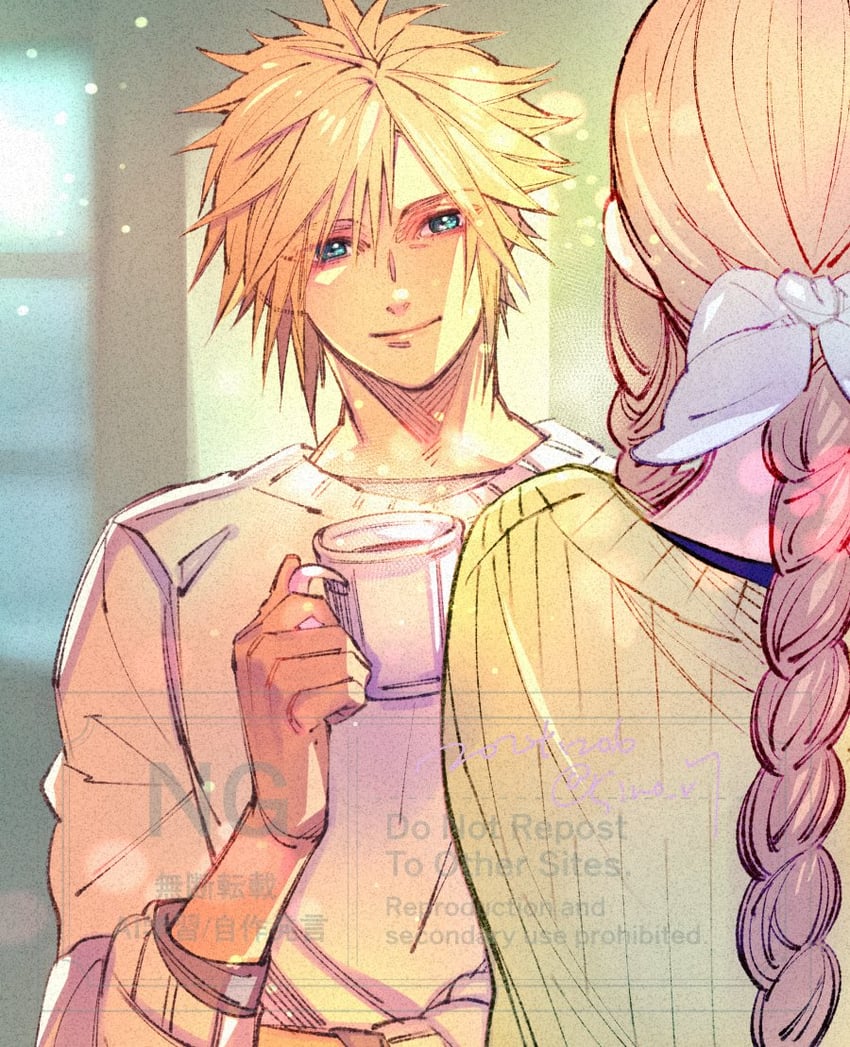 cloud strife and aerith gainsborough (final fantasy and 1 more) drawn by wakakusa-e