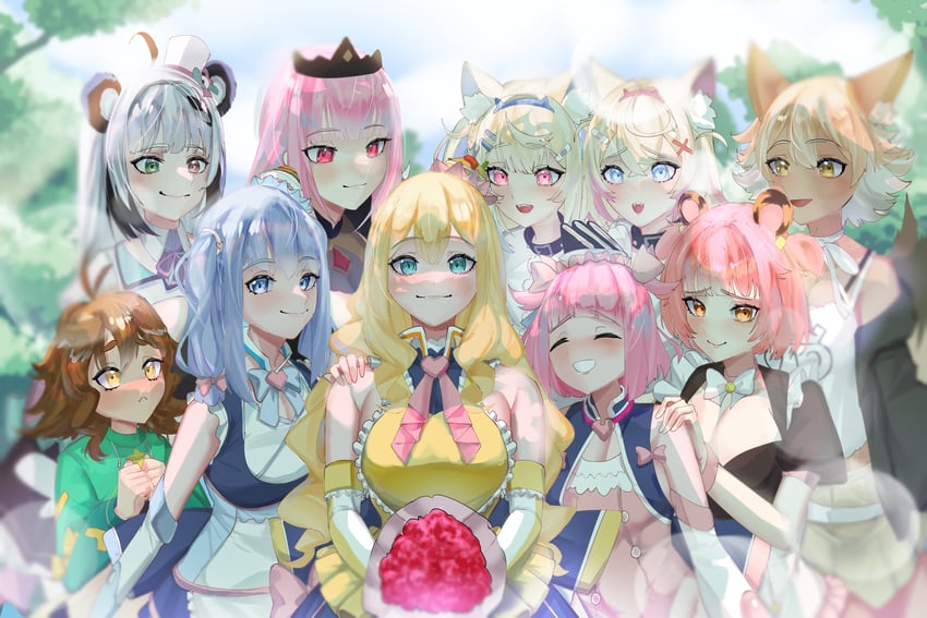 mori calliope, fuwawa abyssgard, mococo abyssgard, coyote, milky queen, and 5 more (hololive and 6 more) drawn by daaku_(koizumi_arata)