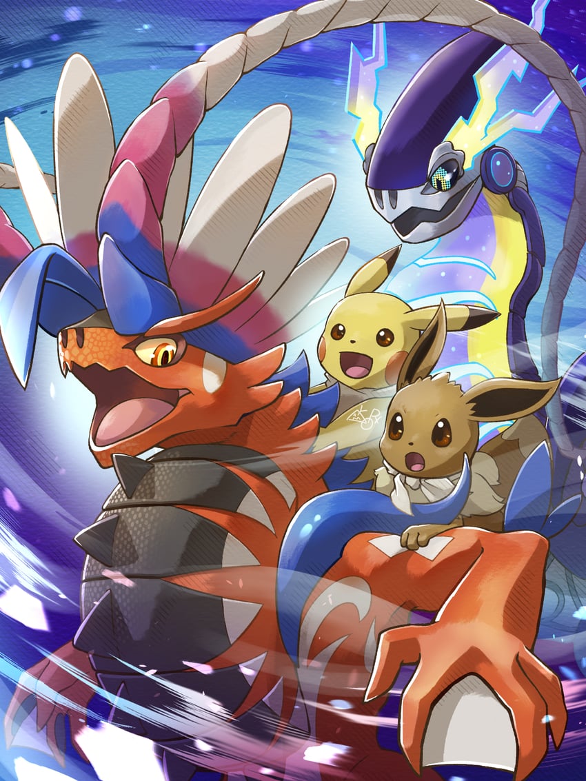 pikachu, eevee, koraidon, and miraidon (pokemon) drawn by yamaori_(hakkentai_pokedan)