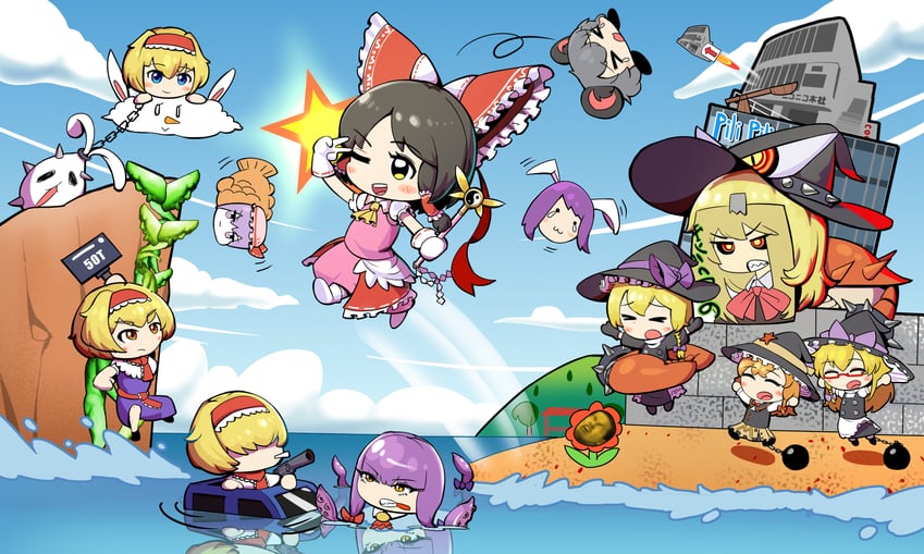 hakurei reimu, kirisame marisa, remilia scarlet, alice margatroid, patchouli knowledge, and 16 more (touhou and 5 more) drawn by ooga_chaka