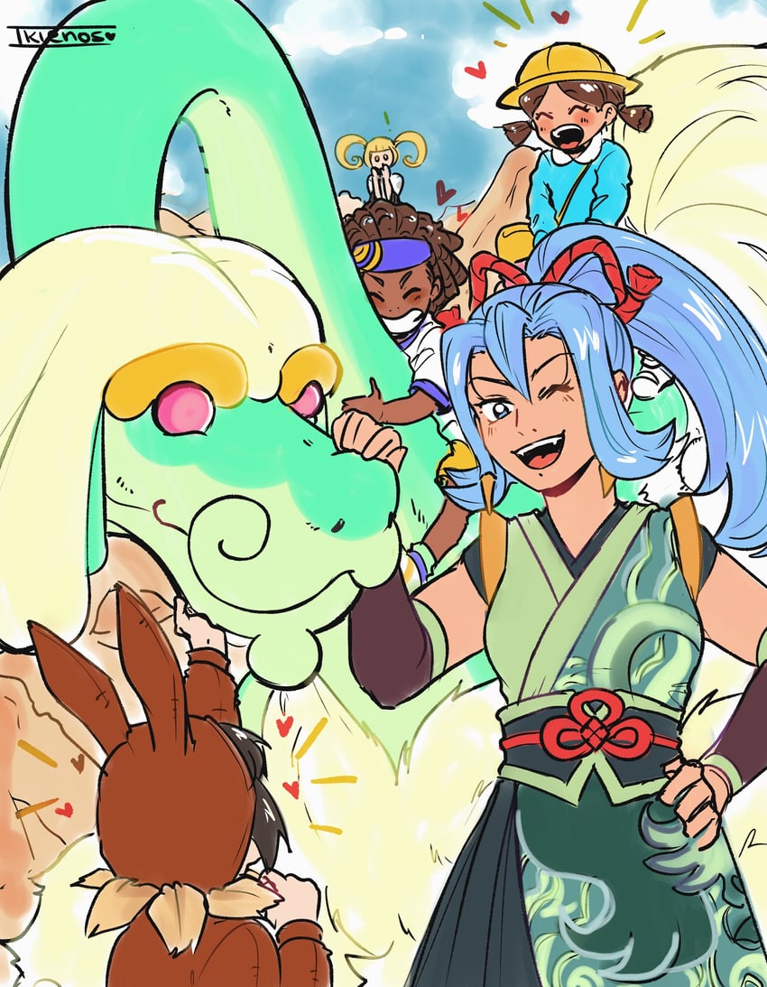 eevee, poke kid, youngster, furisode girl, drampa, and 3 more (pokemon and 4 more) drawn by niosklastenos