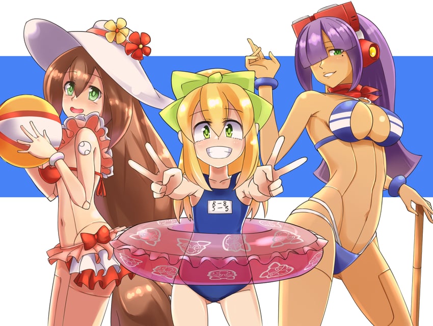 roll, iris, layer, swimsuit iris, swimsuit layer, and 1 more (mega man and 2 more) drawn by ishigaki_(sora_roxas)