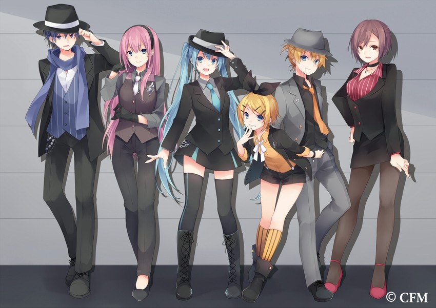 hatsune miku, kagamine rin, kagamine len, megurine luka, kaito, and 1 more (vocaloid) drawn by kuroi_(liar-player)