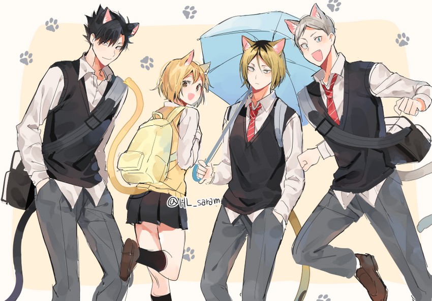 kuroo tetsurou, kozume kenma, yachi hitoka, and haiba lev (haikyuu!!) drawn by joman