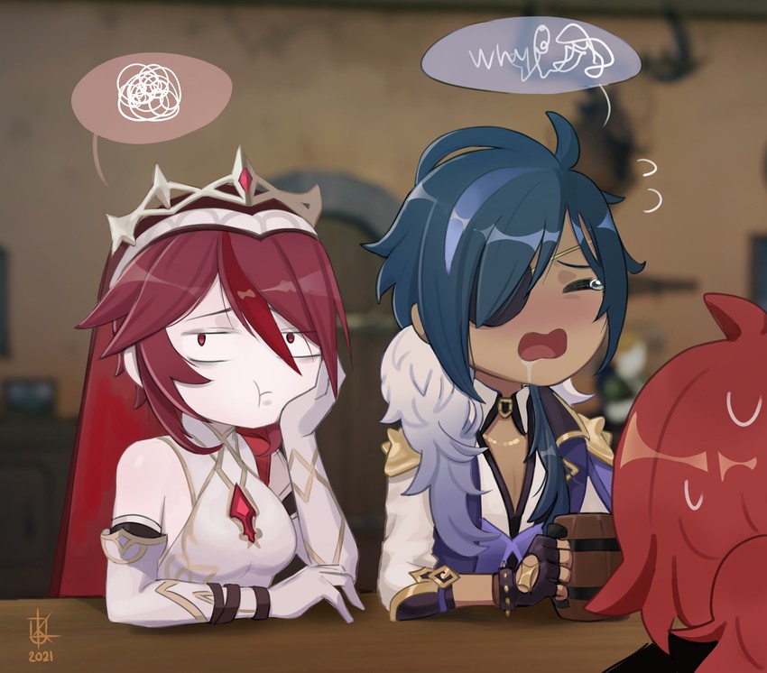 diluc, kaeya, and rosaria (genshin impact) drawn by kuzkinstein