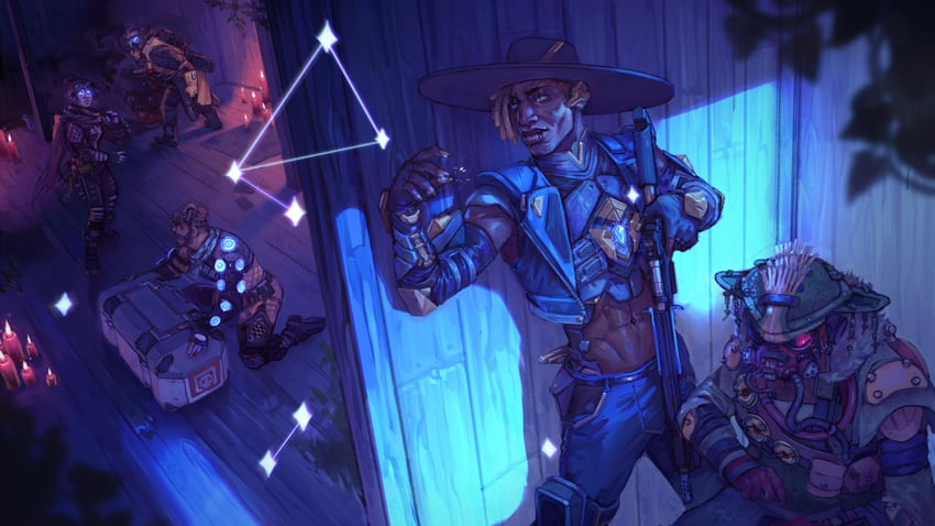 wraith, mirage, bloodhound, caustic, and seer (apex legends) drawn by bagelhero