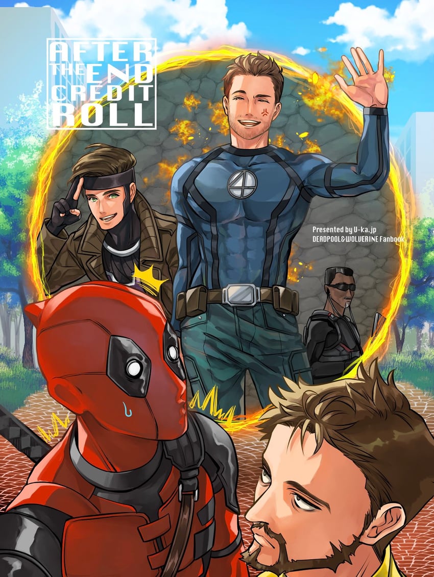 wolverine, deadpool, gambit, johnny storm, human torch, and 1 more (marvel and 6 more) drawn by u-ka_(fukei)