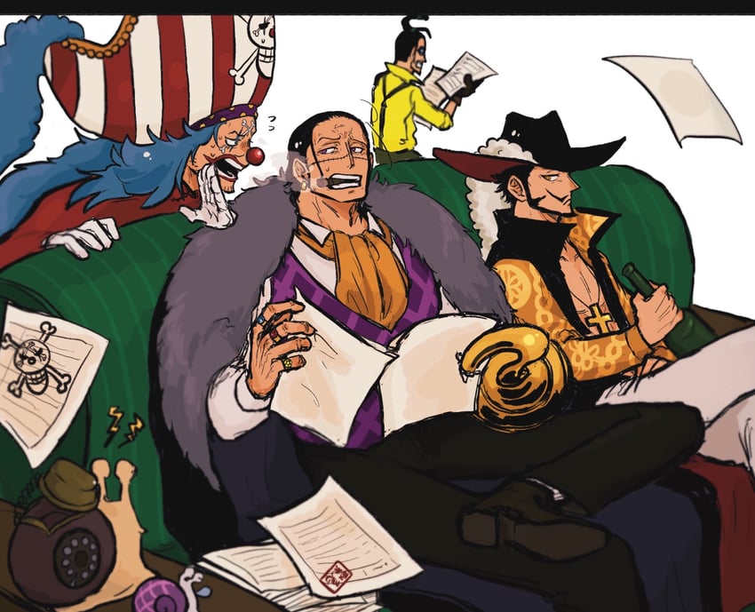 crocodile, buggy the clown, dracule mihawk, and galdino (one piece) drawn by f4ylu