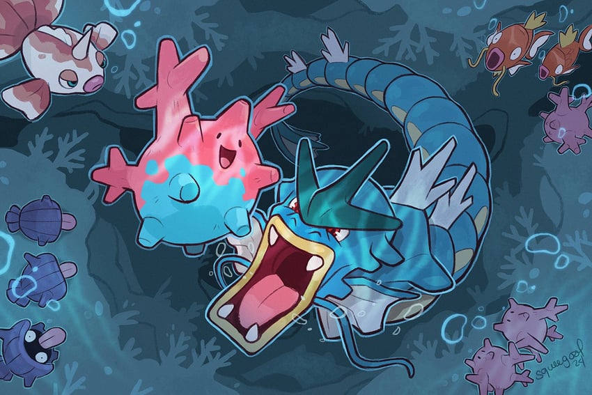 magikarp, gyarados, corsola, goldeen, and shellder (pokemon) drawn by squeegool