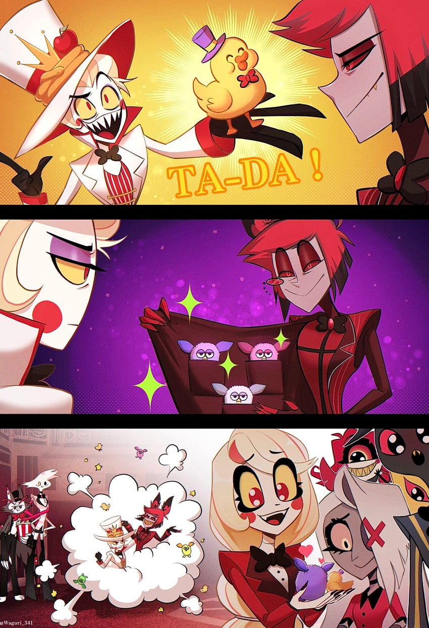 lucifer morningstar, charlie morningstar, vaggie, angel dust, furby, and 3 more (hazbin hotel and 1 more) drawn by waguri_341
