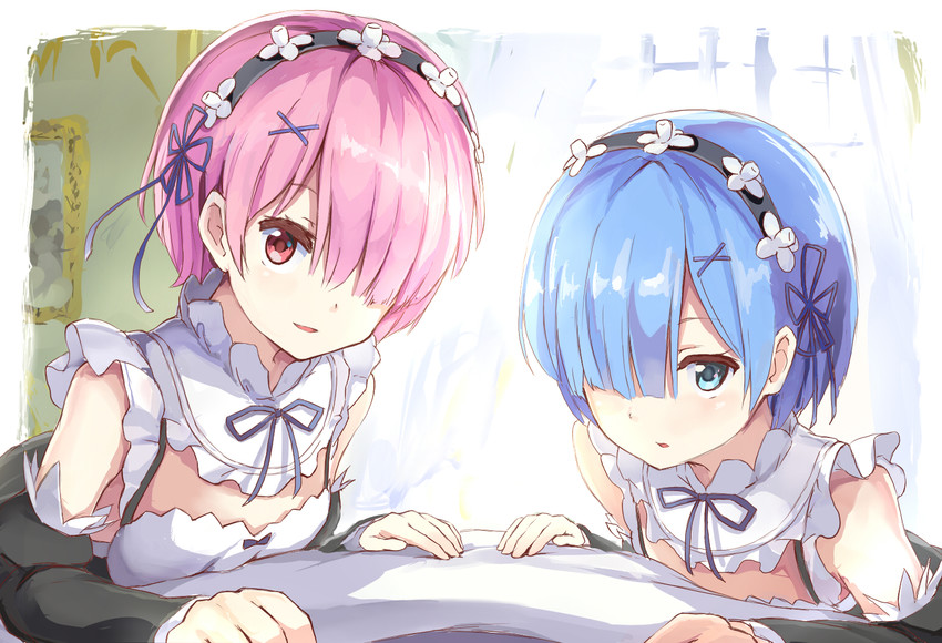 rem and ram (re:zero kara hajimeru isekai seikatsu) drawn by maeshimashi