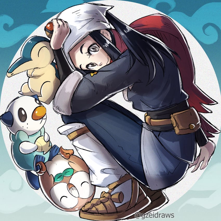 akari, rowlet, oshawott, and cyndaquil (pokemon and 1 more) drawn by gzei
