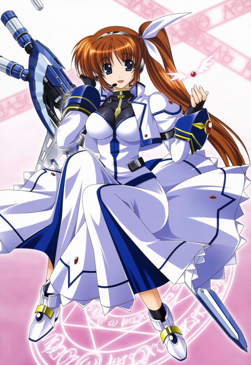 takamachi nanoha, raising heart, and strike cannon (lyrical nanoha and 2 more) drawn by higa_yukari