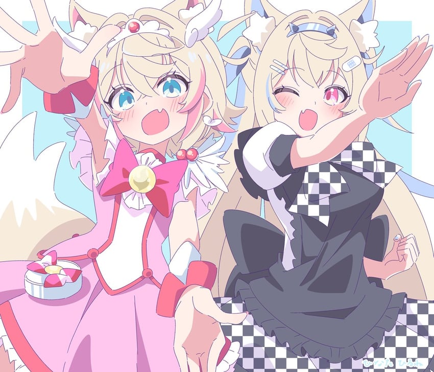 fuwawa abyssgard, mococo abyssgard, cure happy, and nyarlathotep (hololive and 4 more) drawn by hinata_hirune