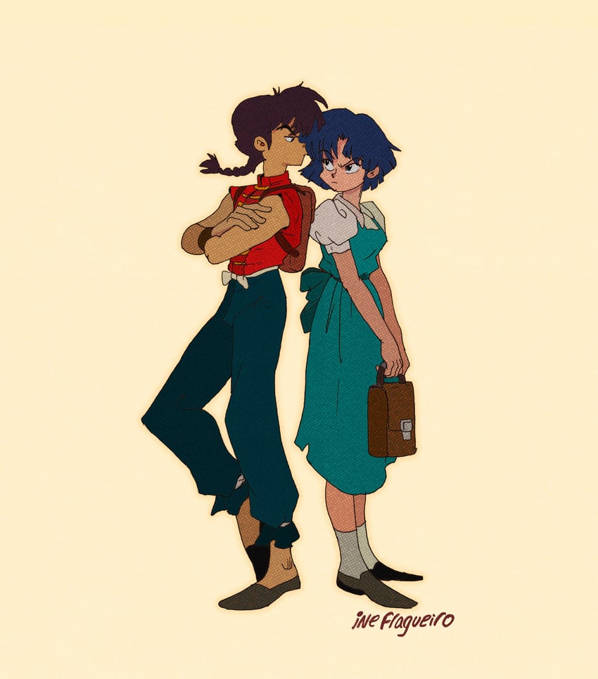tendou akane and saotome ranma (ranma 1/2) drawn by inefragueiro