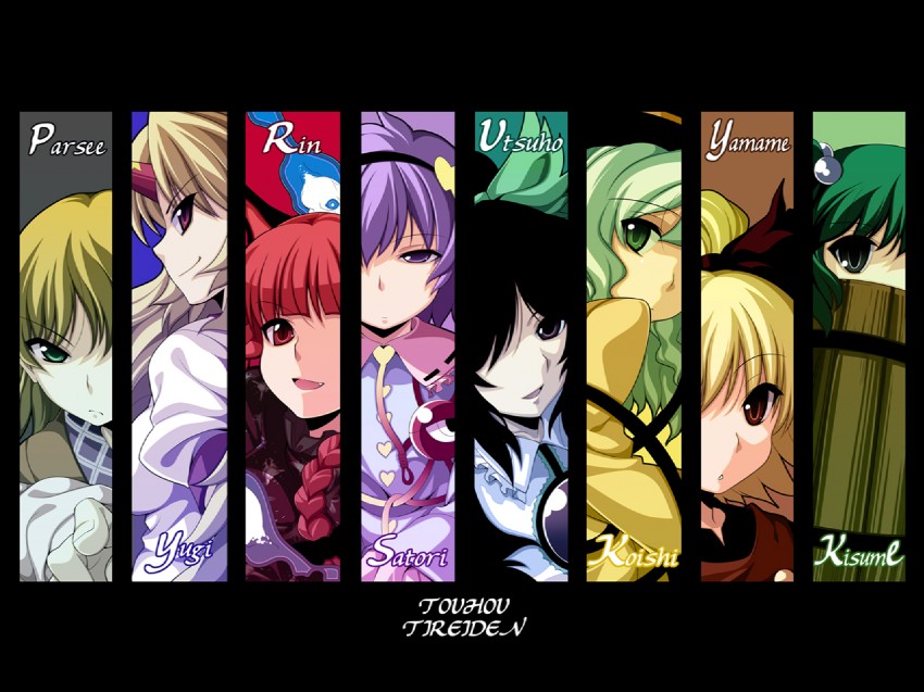 komeiji koishi, komeiji satori, kaenbyou rin, reiuji utsuho, mizuhashi parsee, and 3 more (touhou and 1 more) drawn by kumakichi_(kuma-ana)