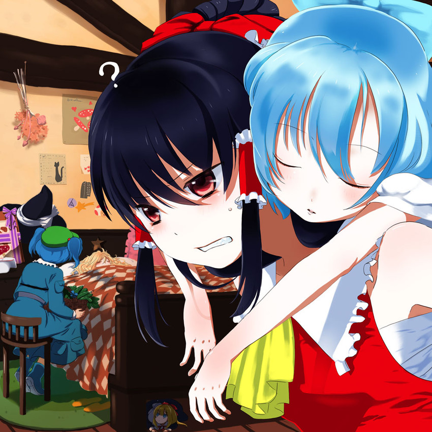 hakurei reimu, kirisame marisa, cirno, kawashiro nitori, shanghai doll, and 2 more (touhou and 1 more) drawn by yamada_ranga