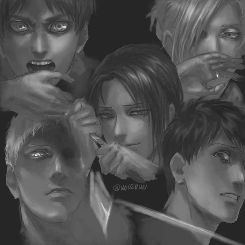 eren yeager, ymir, reiner braun, annie leonhart, and bertolt hoover (shingeki no kyojin) drawn by vvv020vvv