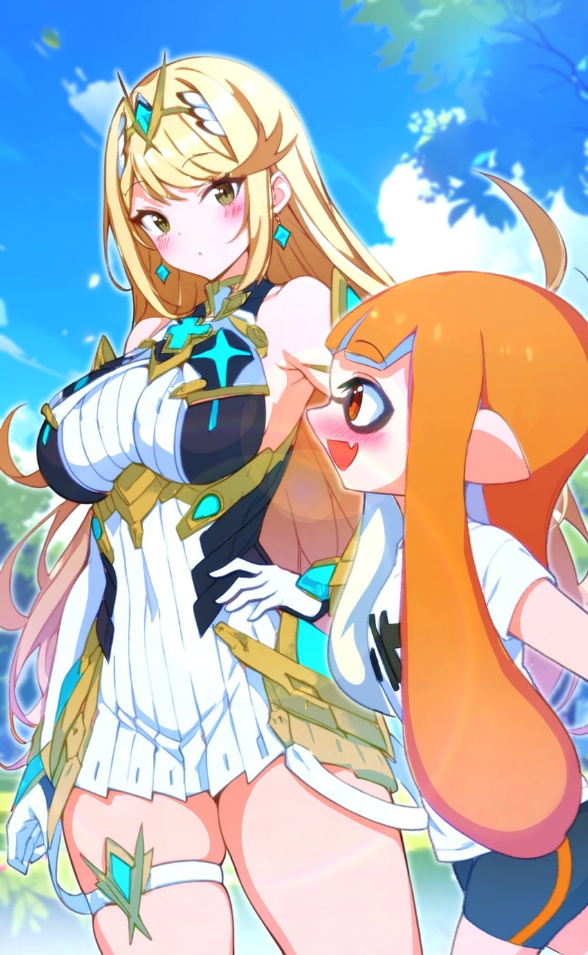 inkling player character, inkling girl, and mythra (splatoon and 4 more) drawn by kakk_e