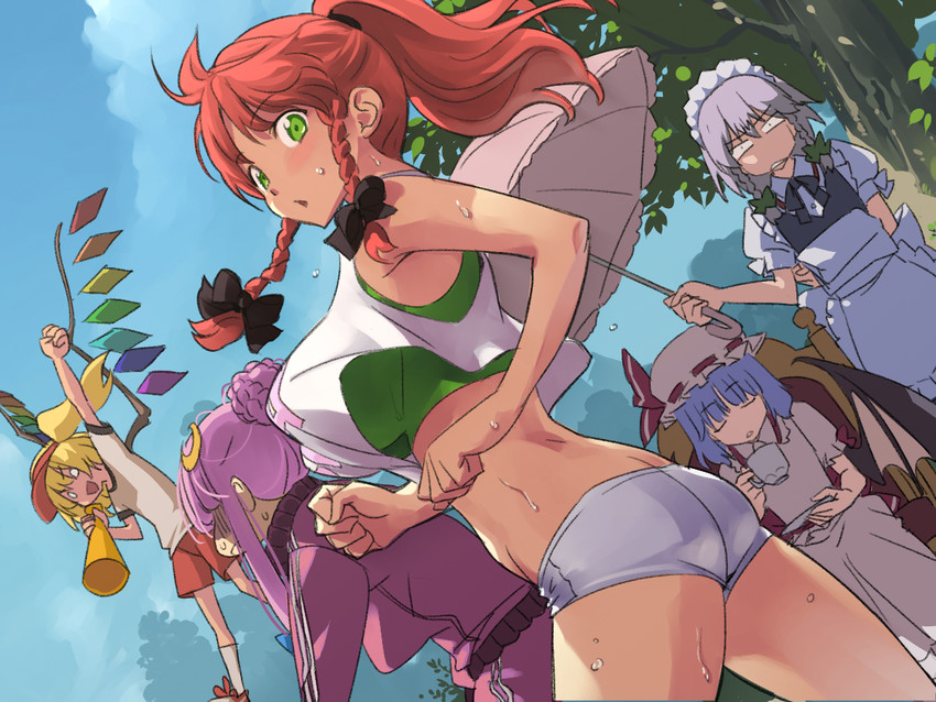 remilia scarlet, flandre scarlet, izayoi sakuya, patchouli knowledge, and hong meiling (touhou) drawn by meranie