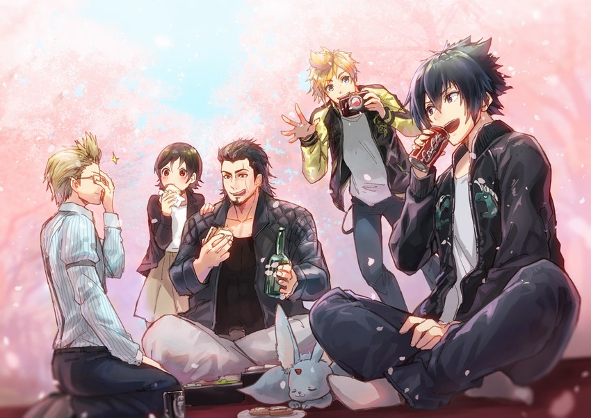 noctis lucis caelum, gladiolus amicitia, prompto argentum, ignis scientia, carbuncle, and 1 more (final fantasy and 2 more) drawn by rayu